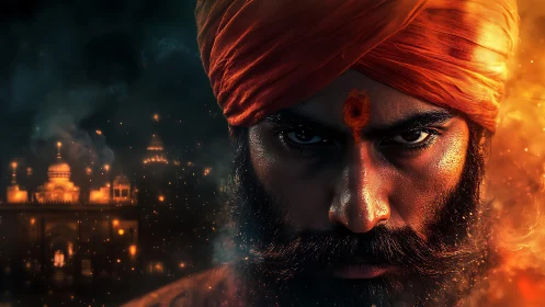Fierce turbaned guardian bathed in firelit temple glow.