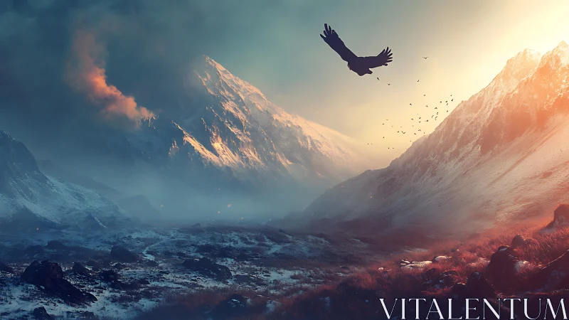 Soaring eagle over misty sunlit snow mountainscape.