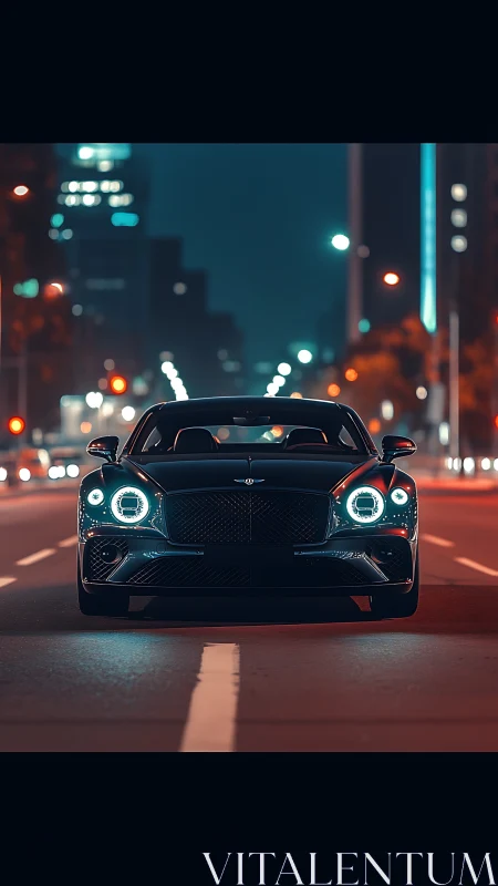 Nocturnal grand tourer front-view with cinematic depth of field.