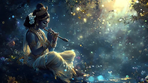 Divine figure playing flute in glowing moonlit forest scene
