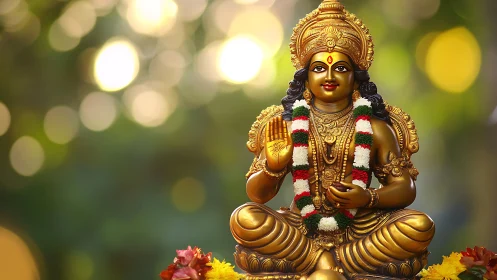 Golden Hindu deity statue with garland in soft bokeh light.