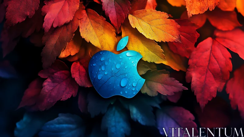 Blue apple emblem on multicolored autumn foliage backdrop.