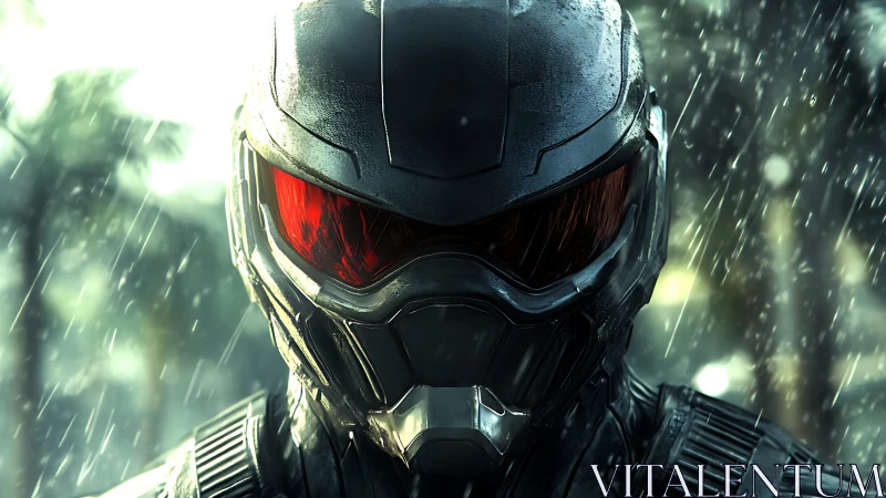 Armored futuristic soldier helmet with red visor in rain.