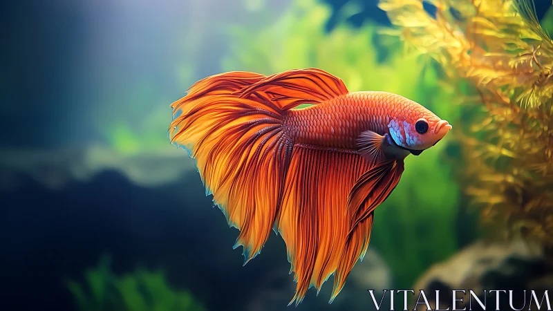 Orange betta fish in bright freshwater aquarium scene.