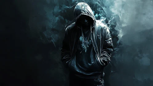 Hooded urban figure in luminescent teal vapor shroud.