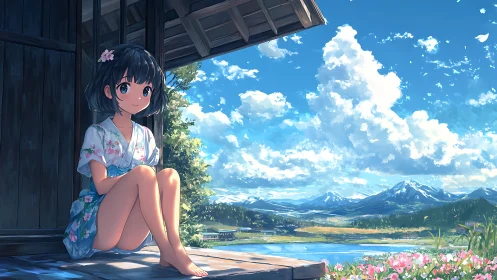 Summer porch daydream girl above bright mountain valley.