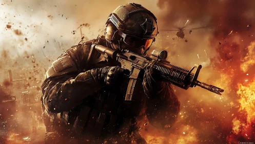 Armored assault soldier advances through explosive urban battlefield