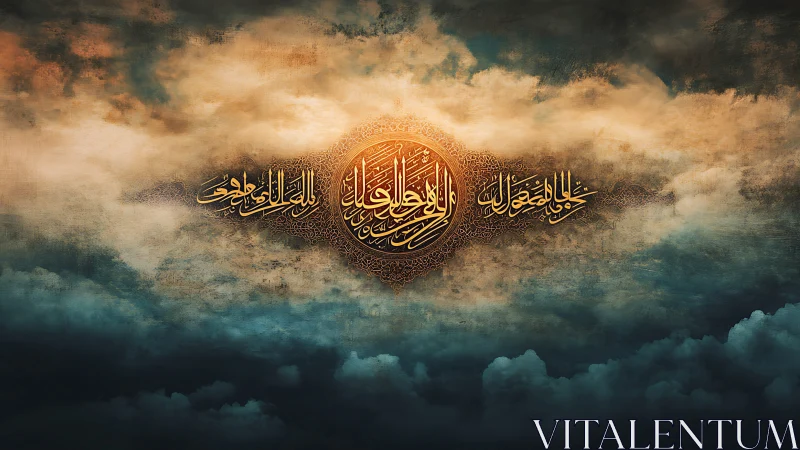 Arabic calligraphy emblem set against dramatic cloudscape.
