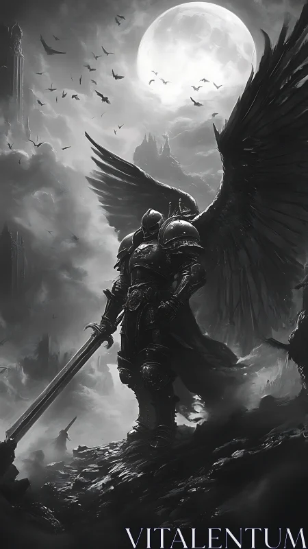 Winged dark knight stands vigilant beneath a vast moonlit sky.