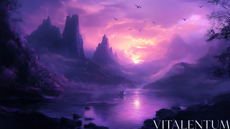 Violet dawn river between mythic spires and drifting mists.
