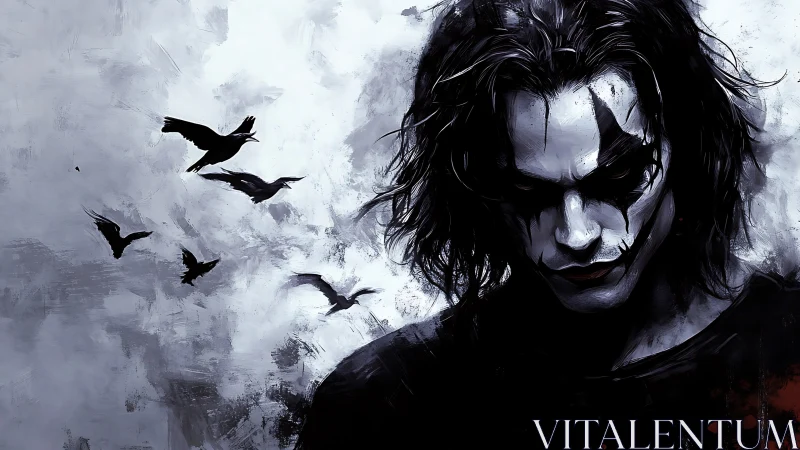 Brooding monochrome figure with crow silhouettes in flight