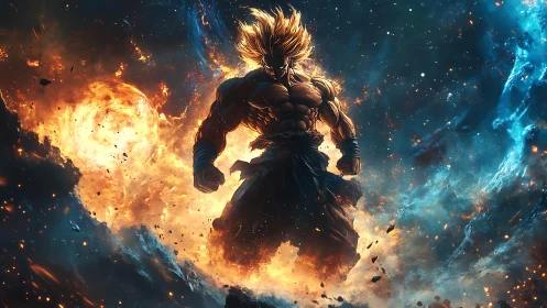 Cosmic warrior ignites stellar storm in dual-tone nebula.