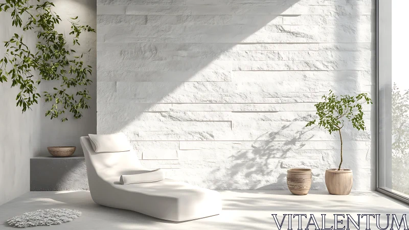 Sunlit minimalist lounge with soft greenery and quiet calm.