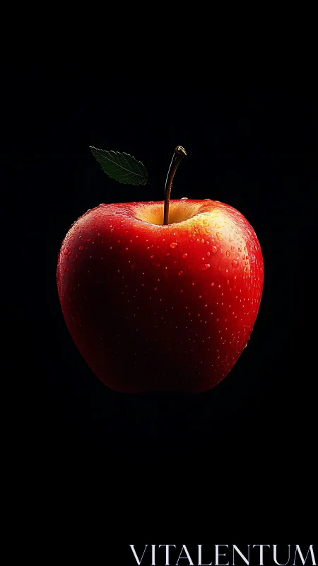 Red apple glows against deep black background in sharp focus.