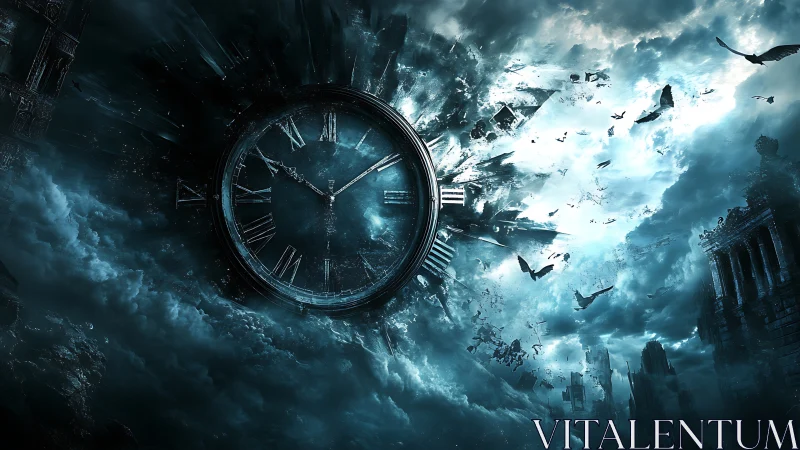 Colossal clock shatters through storm clouds and ruined city