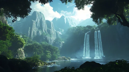 Lush jungle valley with twin waterfalls under bright sky.