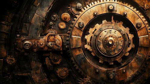 Industrial gear mechanism shows rusted steampunk details.