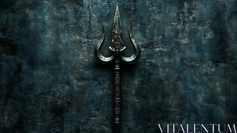 Ancient trident spear against dark textured stone wall.