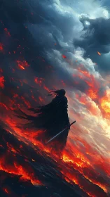 Lone dark warrior confronts stormlit fire in apocalyptic void
