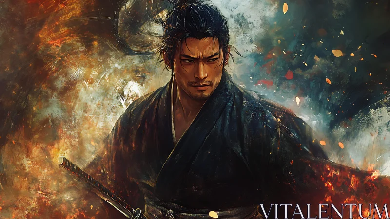 Resolute samurai stands strong amid swirling embers and fire.