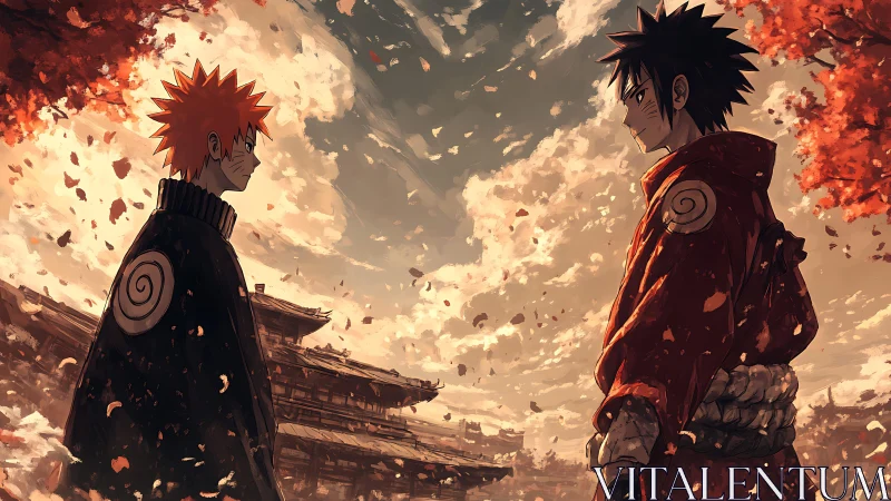 Autumn duel composition of two shinobi under turbulent skies.