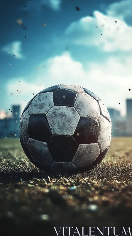 Weathered soccer ball rests on sunlit grass field edge