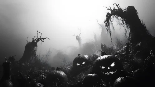 Foggy pumpkin haunt where crooked trees quietly conspire.