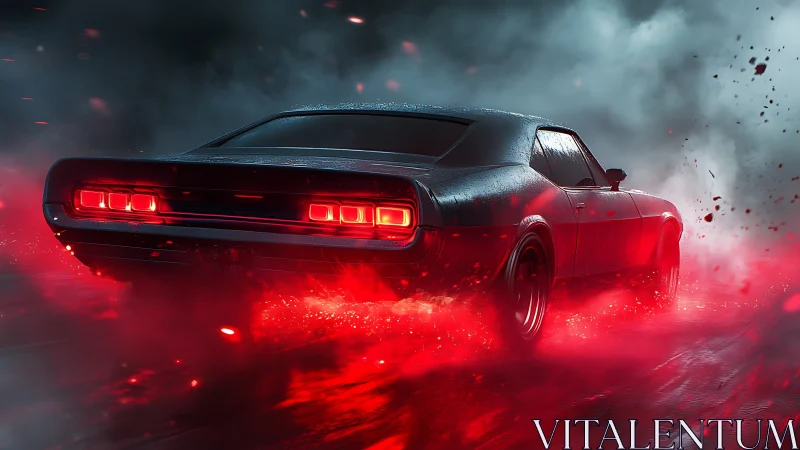 Classic muscle car in red illuminated night roadway haze.