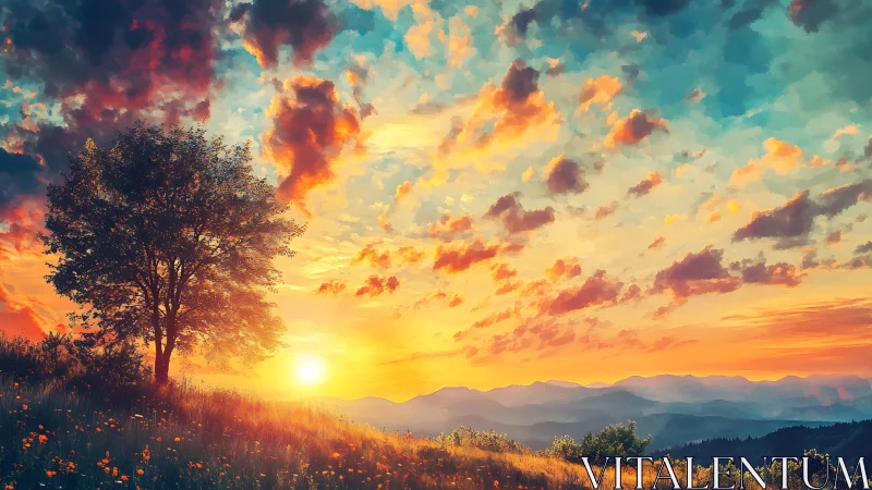 Solitary tree on hillside at vivid digital sunset sky.