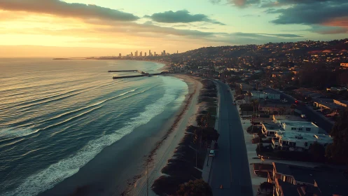 Golden hour city coastline glows beside tranquil ocean waves