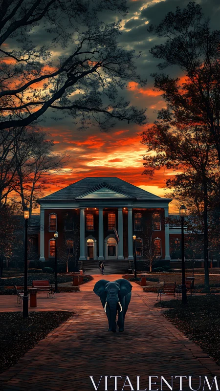 Elephant on brick path before campus building at sunset.