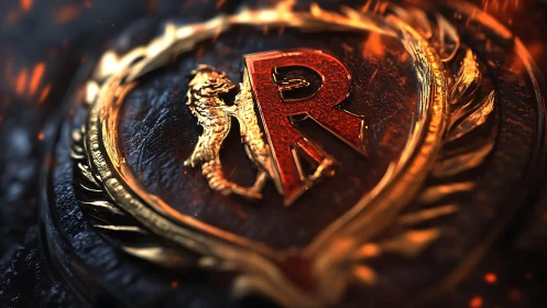 Fiery red R crest with golden lion emblem under embers