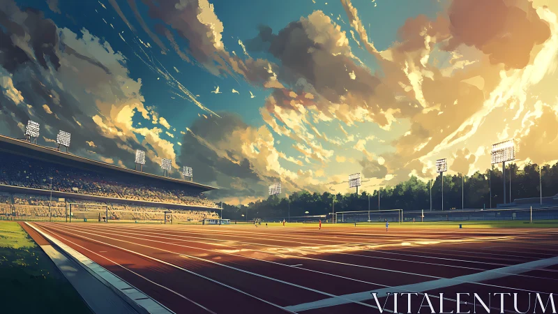 Sunlit stadium lanes under a storm-tipped golden sky.