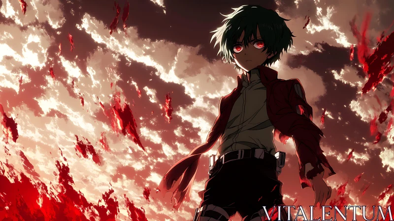 Storm-eyed hero beneath a sky of burning crimson clouds.