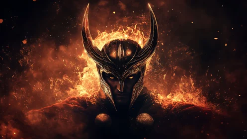 Armored horned warrior emerges from symmetrical fiery volumetric halo