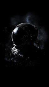 Astronaut silhouette floats in dark space with debris cloud