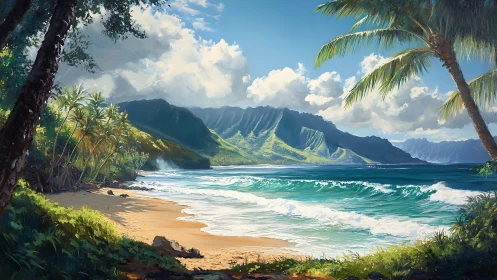 Tropical Beach with Dramatic Mountain Ridges and Ocean Waves