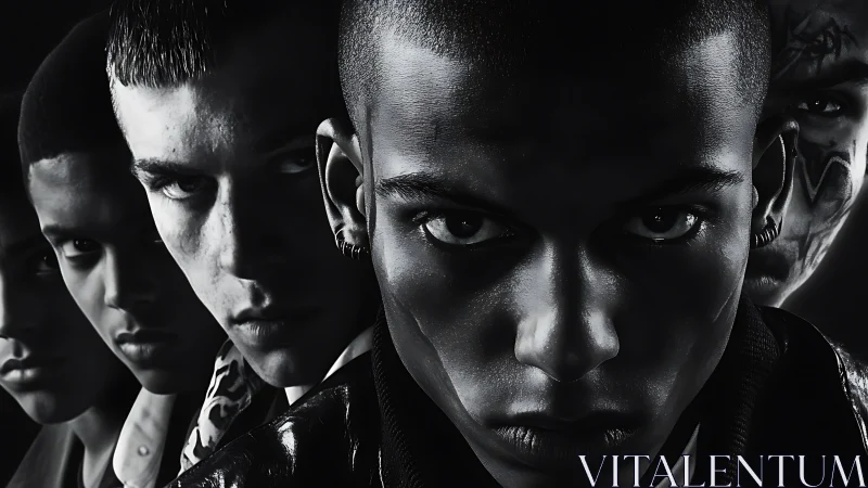 Chromatic noir portrait line-up with intense male faces, frontal