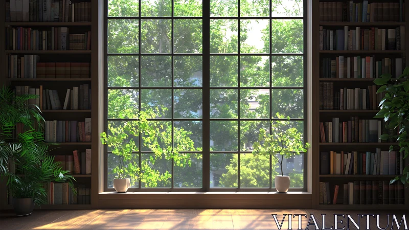 Large window in home library with bookshelves and plants.