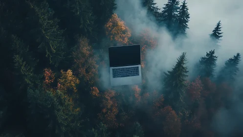 Laptop suspended above misty forest canopy in aerial perspective