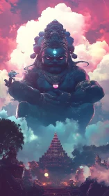Colossal sky deity guarding a glowing temple of clouds.