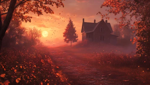 Autumn dusk farmhouse under burning orange sunset sky.