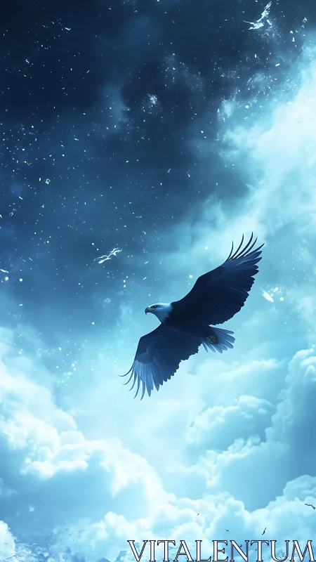 Soaring eagle under starry clouds and luminous sky.