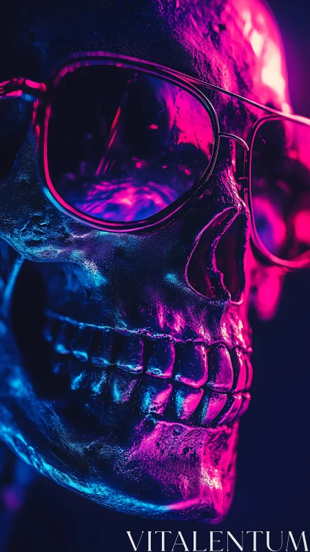 Human skull with eyeglasses under neon magenta and blue light.