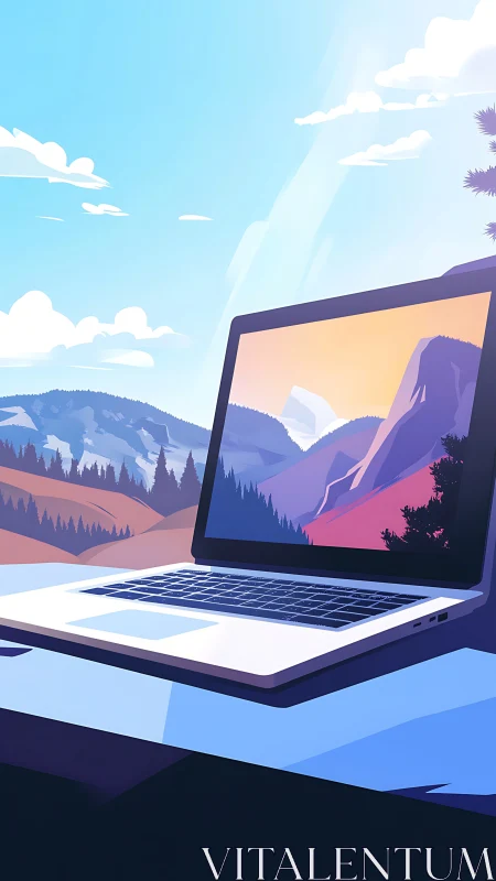 Ultramodern laptop workspace framed by stylized alpine vista.