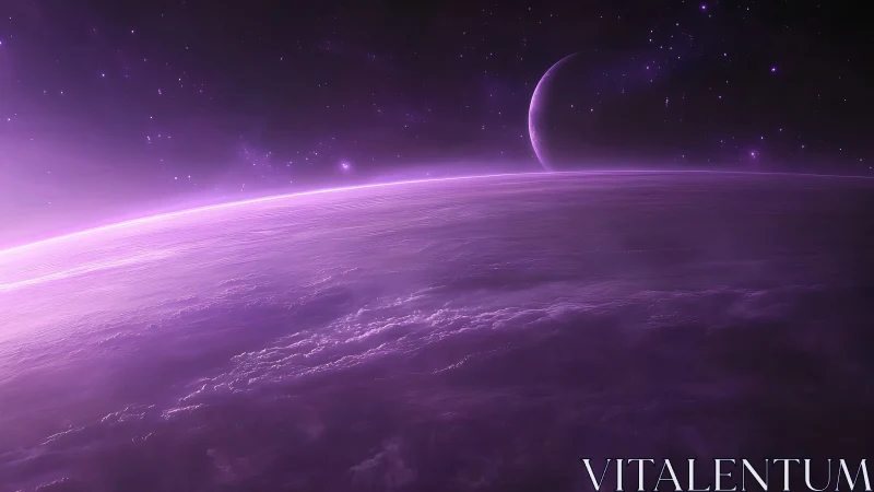 Digital painting of violet exoplanet horizon with crescent moon.