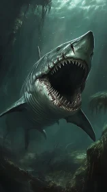 Predatory shark lunges upward through murky green depths