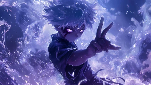 Charged anime sorcerer projects violet energy with dynamic motion