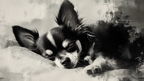 Tiny dream sentinel curls into monochrome waves of sleep