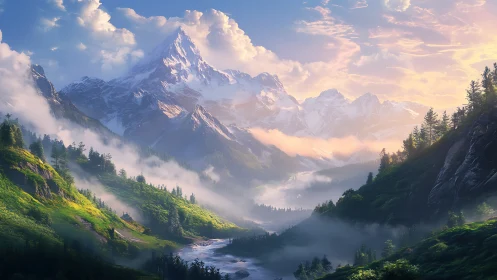 Sunlit alpine peaks rise above a misty emerald valley